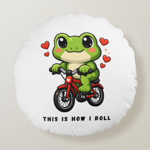 Cute Cycling Frog   Kawaii Frog Bicycle Art Round Cushion