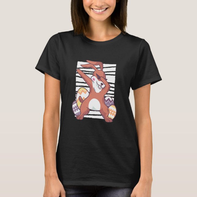 Cute dabbing rabbit with colourful Easter eggs T-Shirt (Front)