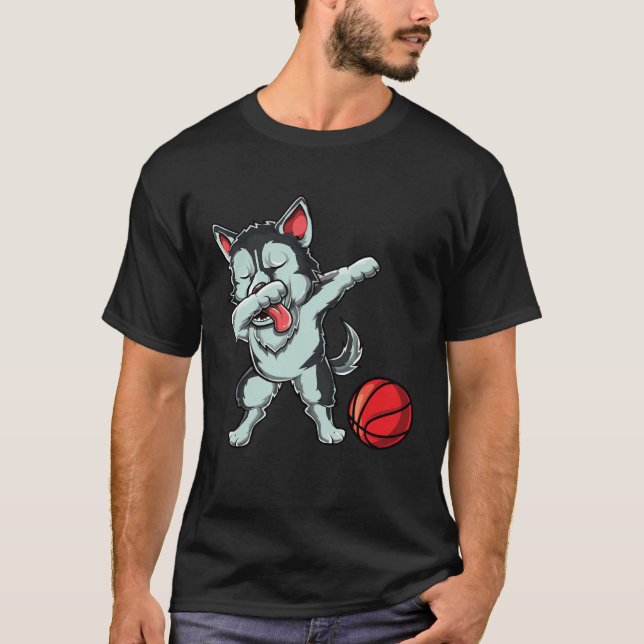 Cute Dabbing Siberian Husky Dog Dab Bball Basketba T-Shirt (Front)