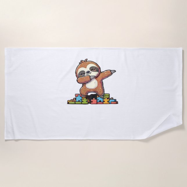 Cute Dabbing Sloth Autism Awareness Autistic Kids  Beach Towel (Front)