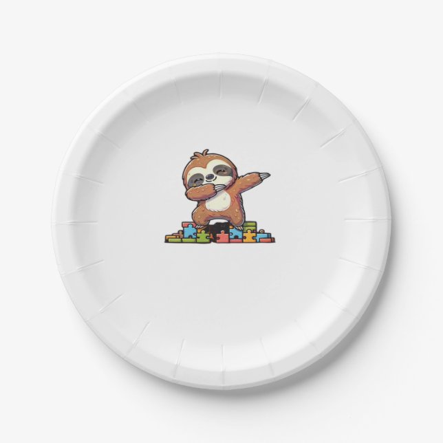 Cute Dabbing Sloth Autism Awareness Autistic Kids  Paper Plate (Front)