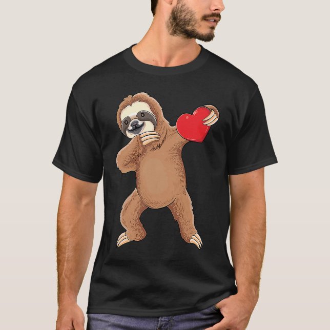 Cute dabbing sloth holding heart love sloth valent T-Shirt (Front)
