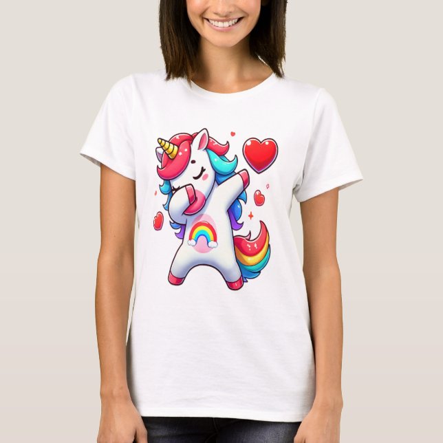 Cute Dabbing Unicorn Holding Heart – Rainbow Love  T-Shirt (Front)