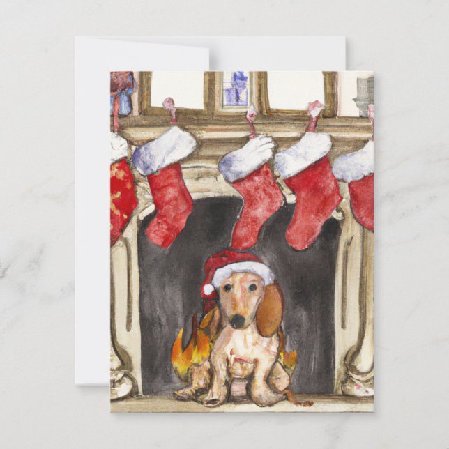 Cute Dachshund and Fireplace Watercolor Christmas  Holiday Card (Front)