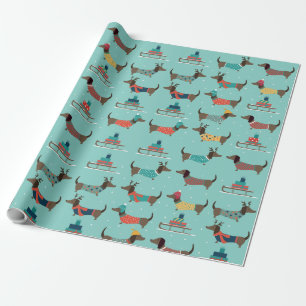 Cute dachshund and sled with presents wrapping paper