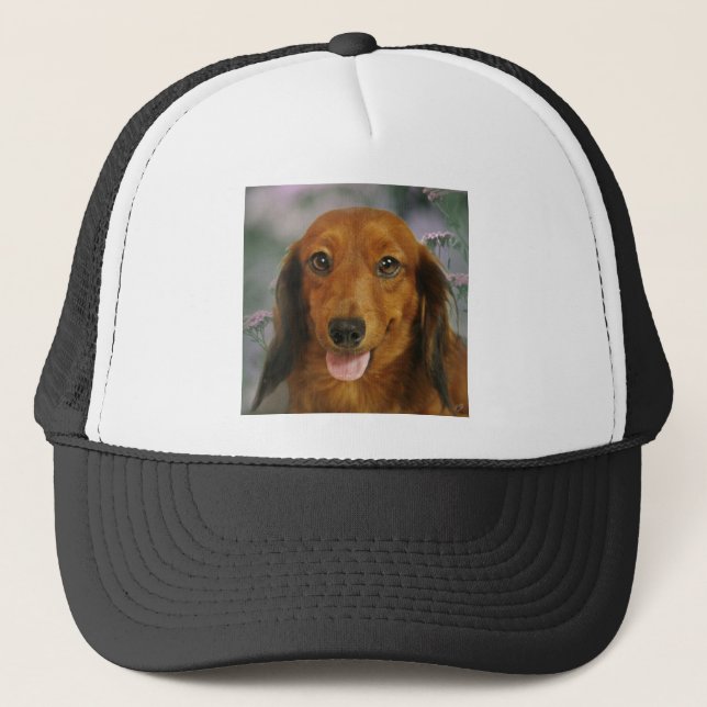 Cute Dachshund (Brown Long Haired) Wild Flowers Trucker Hat (Front)