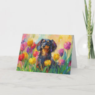 Cute Dachshund Colourful Tulips Painting Card