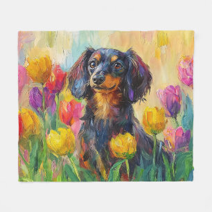 Cute Dachshund Colourful Tulips Painting Fleece Blanket