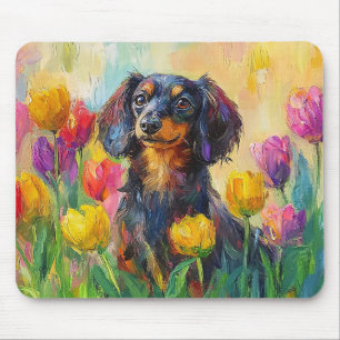 Cute Dachshund Colourful Tulips Painting Mouse Mat