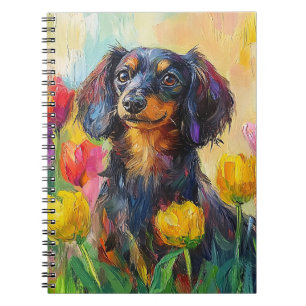 Cute Dachshund Colourful Tulips Painting Notebook
