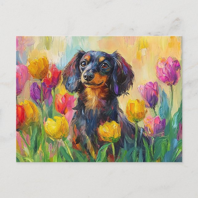 Cute Dachshund Colourful Tulips Painting Postcard (Front)