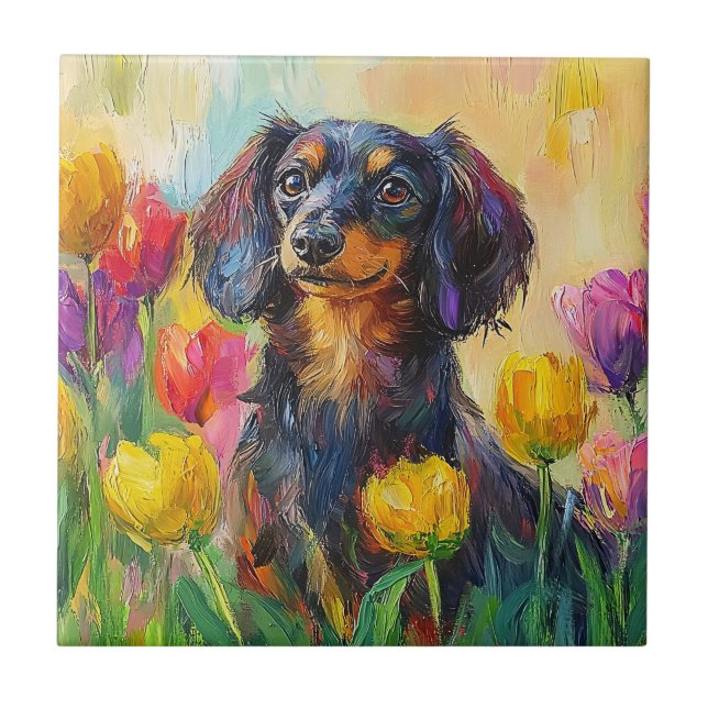 Cute Dachshund Colourful Tulips Painting Tile (Front)