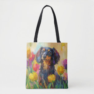 Cute Dachshund Colourful Tulips Painting Tote Bag
