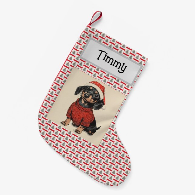 Cute Dachshund, Customised With Name, Wiener Dog,  Small Christmas Stocking (Front (Hanging))