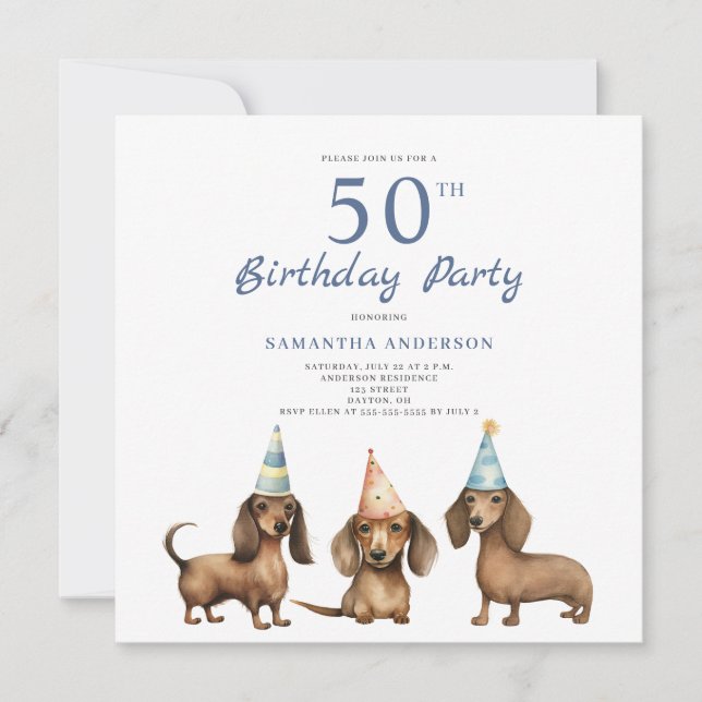 Cute Dachshund Dog 50th Birthday Party  Invitation (Front)