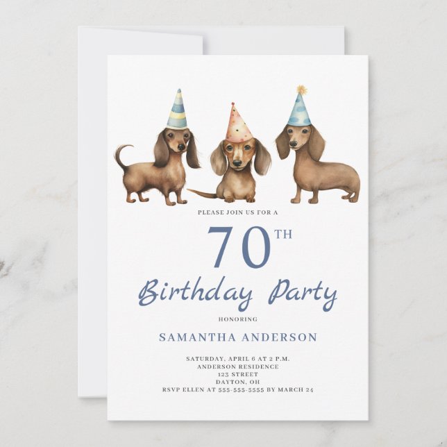 Cute Dachshund Dog 70th Birthday Party  Invitation (Front)