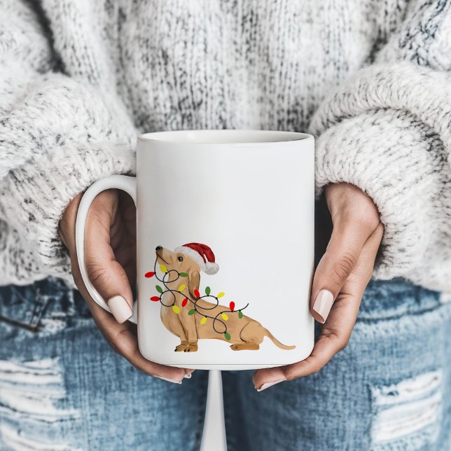 Cute Dachshund Dog Christmas Lights & Hat Coffee Mug (Creator Uploaded)