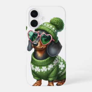 CUTE DACHSHUND DOG DRESSED IN IRISH CLOTHES iPhone 16 CASE