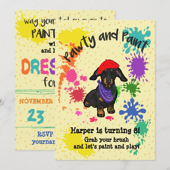 Cute Dachshund Dog Fun Art Birthday Party Invite (Front/Back)