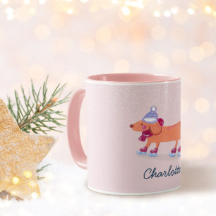 Cute Dachshund Dog Ice Skating Winter Name Mug