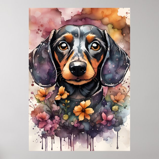 Cute Dachshund Dog in Watercolor  Poster (Front)