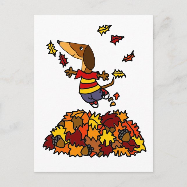 Cute Dachshund Dog Jumping in Leaf Pile Postcard (Front)