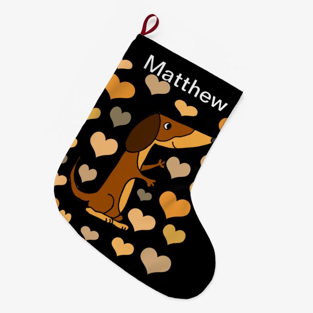 Cute Dachshund Dog Love and Hearts Art Large Christmas Stocking (Front (Hanging))