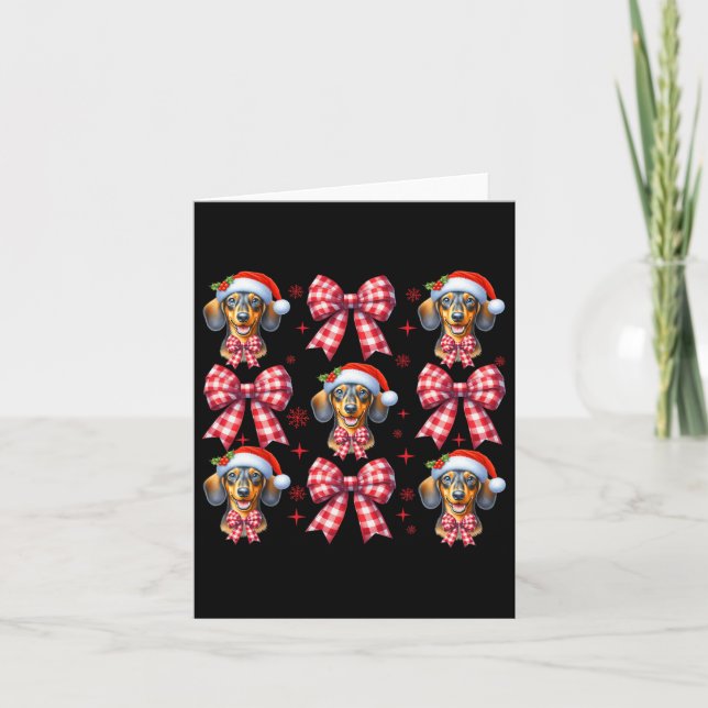 Cute Dachshund Dog Red Plaid Coquette Bow Christma Card (Front)