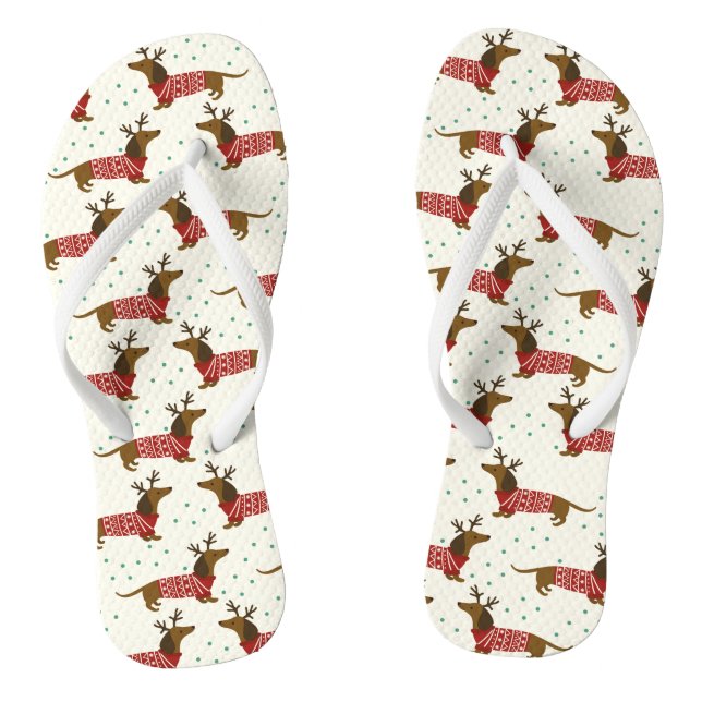 Cute Dachshund Dog Snow Winter Christmas Holidays Flip Flops (Footbed)