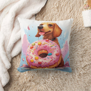 cute dachshund dog with doughnut cushion