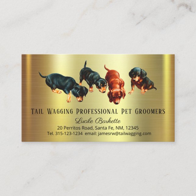 Cute Dachshund Doxie Pups Pet Grooming Gold Chic Business Card (Front)