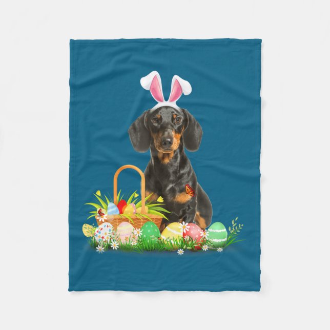 Cute dachshund easter day bunny eggs easter costum fleece blanket (Front)