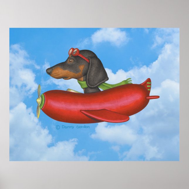 Cute Dachshund Flying Sausage-Shaped Plane Poster (Front)