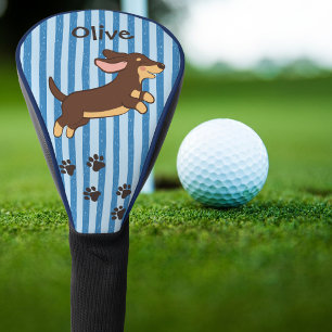 Cute Dachshund Golf Paw Prints Blue Stripes with N Head Cover