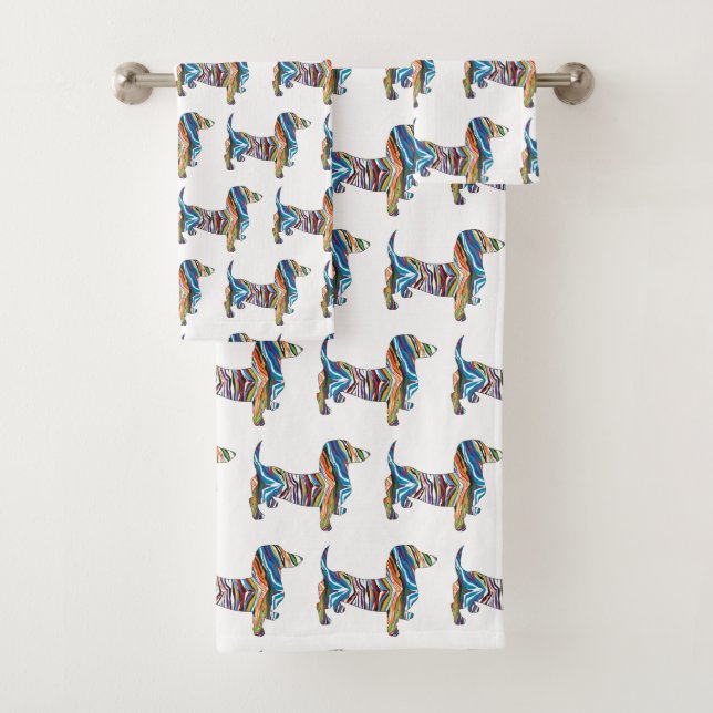 Cute Dachshund in a Psychedlic Zebra Pattern Bath Towel Set (Insitu)