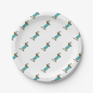 Cute dachshund in mint blue paper plate