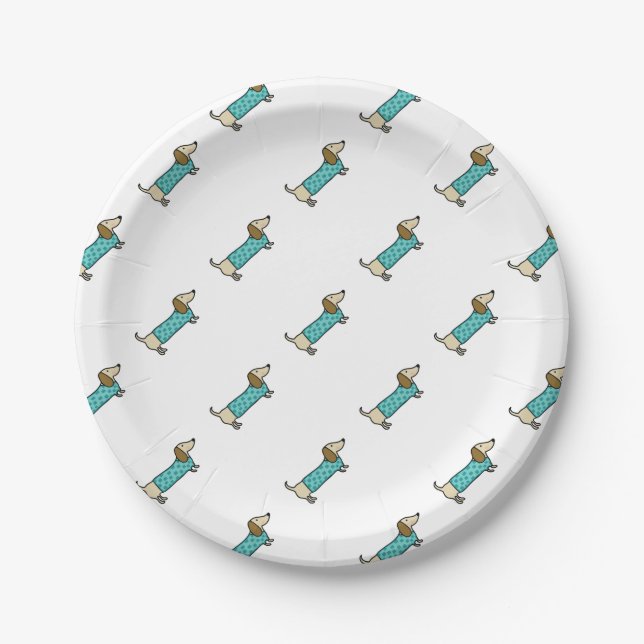 Cute dachshund in mint blue paper plate (Front)