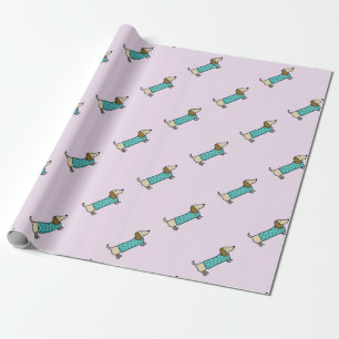Cute dachshund in mint blue wrapping paper