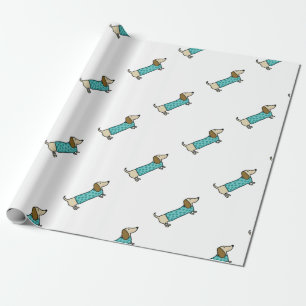 Cute dachshund in mint blue wrapping paper