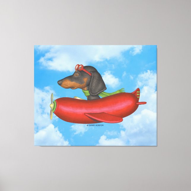 Cute Dachshund in Red Sausage Aeroplane Canvas Print (Front)