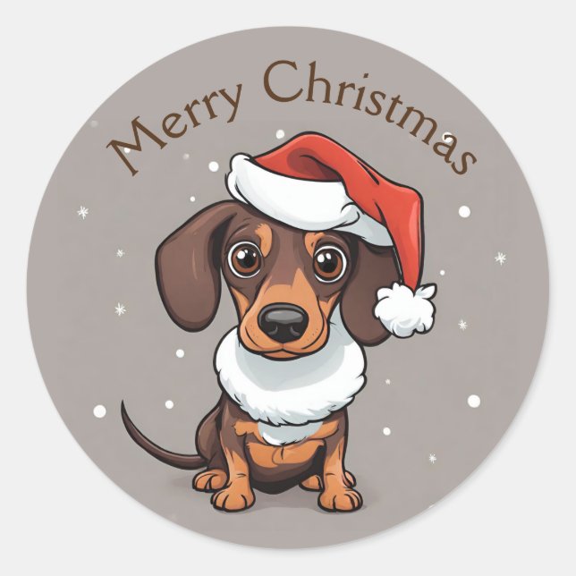 Cute Dachshund in Santa Hat Christmas Stickers (Front)