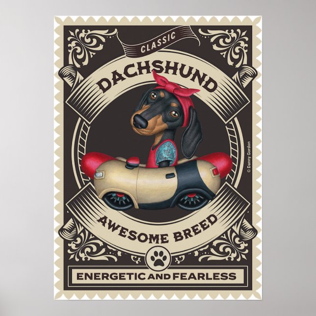 Cute Dachshund in Sausage Shaped Car Poster (Front)