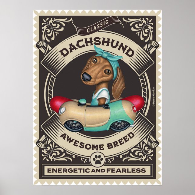 Cute Dachshund in Sausage Shaped Car Poster (Front)
