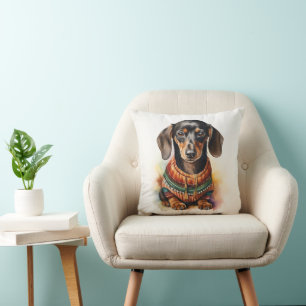 Cute Dachshund in Sweater: Watercolor Cushion