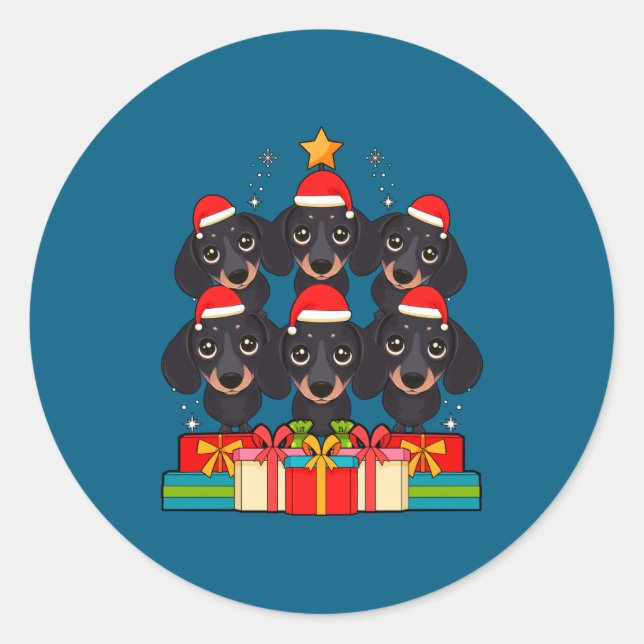 Cute Dachshund Le Doxie Christmas Tree Xmas Hat Lo Classic Round Sticker (Front)