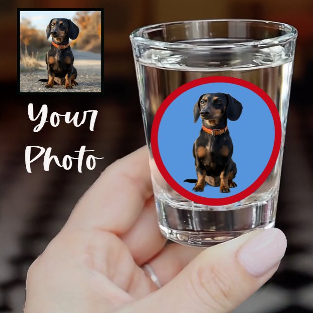 Cute Dachshund or Your Pet Face Photo on Blue Red  Shot Glass (Creator Uploaded)