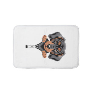 Cute Dachshund Peeking Out of Zipper Illustration Bath Mat
