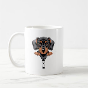 Cute Dachshund Peeking Out of Zipper Illustration Coffee Mug