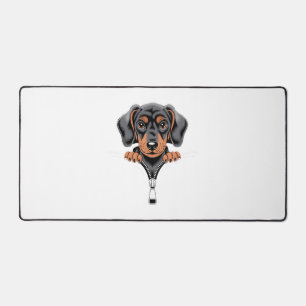 Cute Dachshund Peeking Out of Zipper Illustration Desk Mat