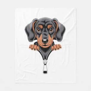 Cute Dachshund Peeking Out of Zipper Illustration Fleece Blanket